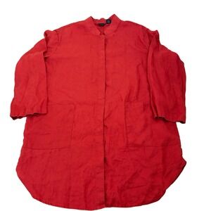 Tahari Red 100% Linen Longline Tunic Shirt Mandarin Collar XL Lightweight Button